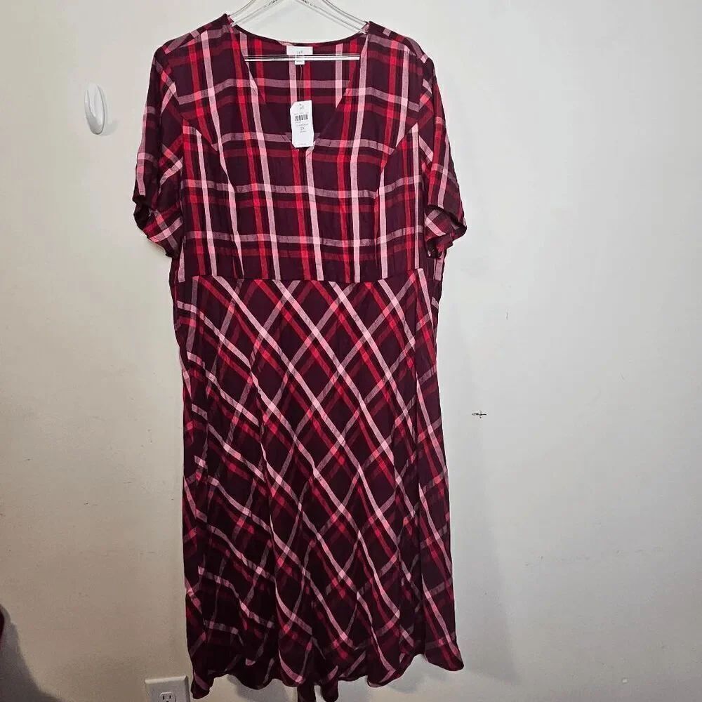 J.Jill V neck Plaid Checked Print Short Sleeve Midi Dress NWT Womens Red/White S